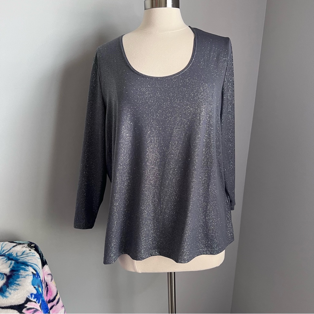 Slinky Brand 1x Gray Sparkle Glitter Top Blouse Scoop Neckline